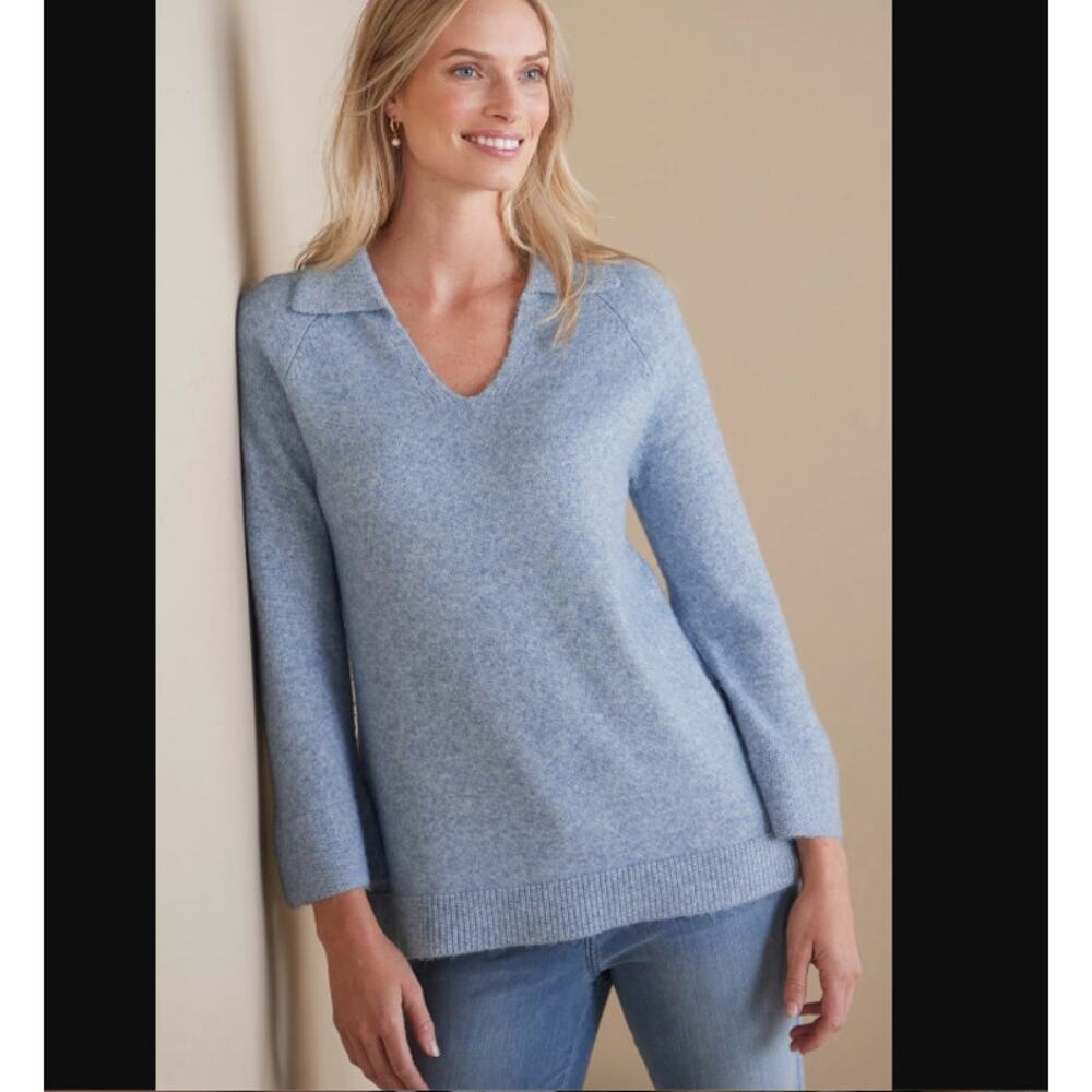 Soft Surroundings Alice Sweater Size M Blue Collared V Neck Pullover Style 2GA11
